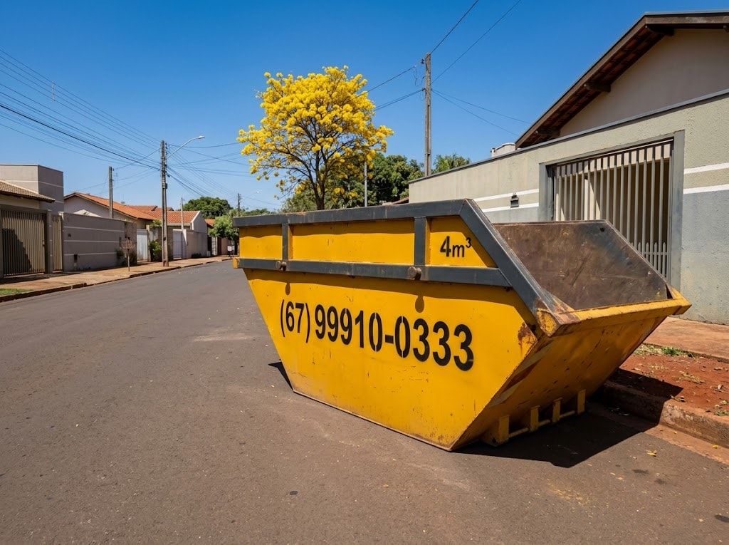 Caçamba de entulho amarela de 4m³ estacionada na rua, em frente a uma casa