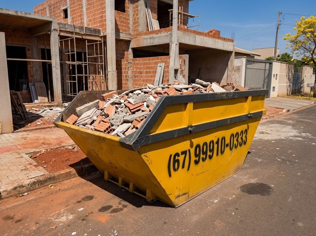 Caçamba de entulho amarela de 5m³ cheia de tijolos e restos de obra, em frente a uma construção