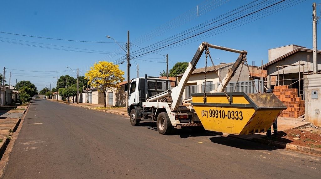 Caminhão poliguindaste entregando caçamba amarela de entulho em rua residencial, ao lado de uma casa em obra